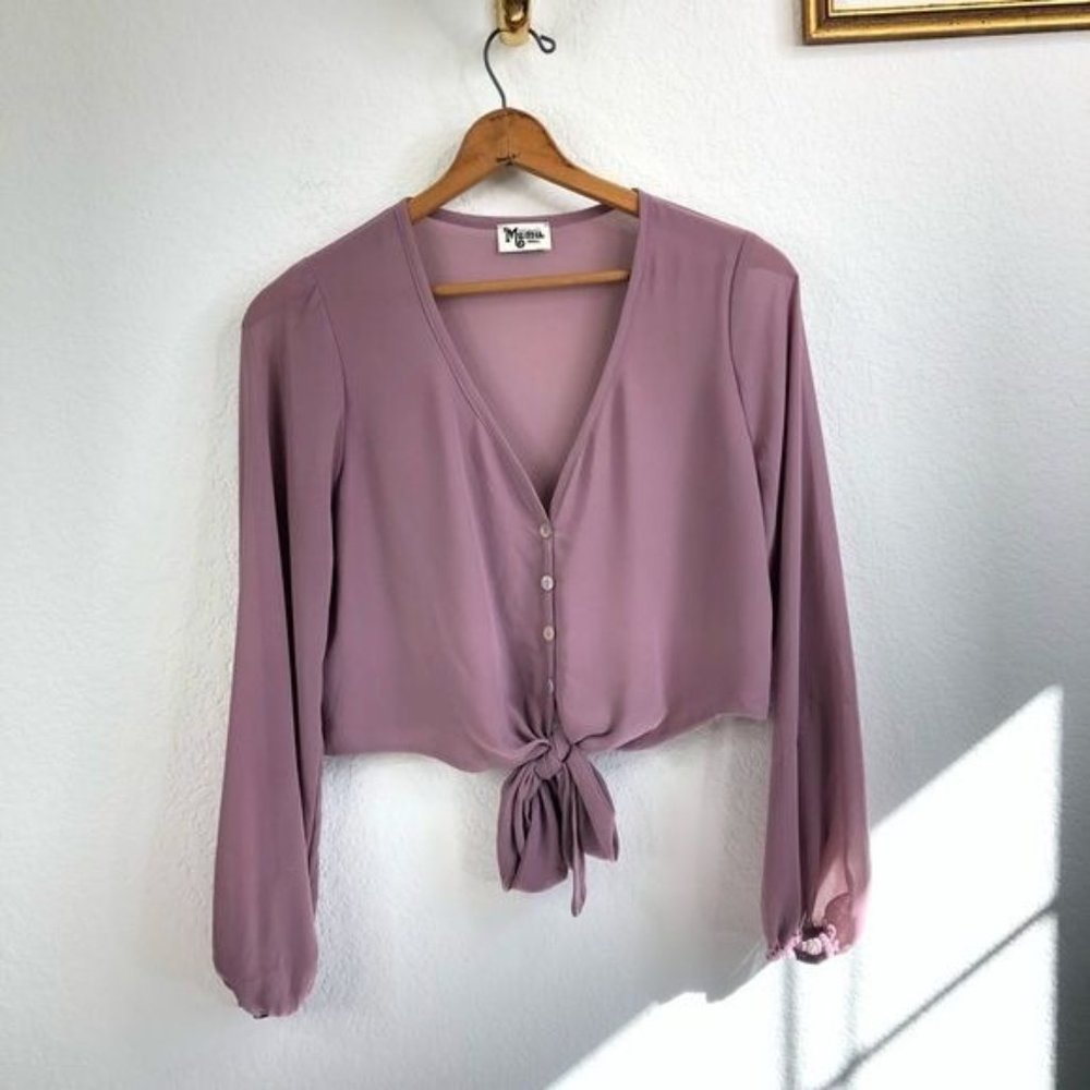 Show Me Your Mumu Tatum Top Sheer Tie Button Front Bell Sleeve